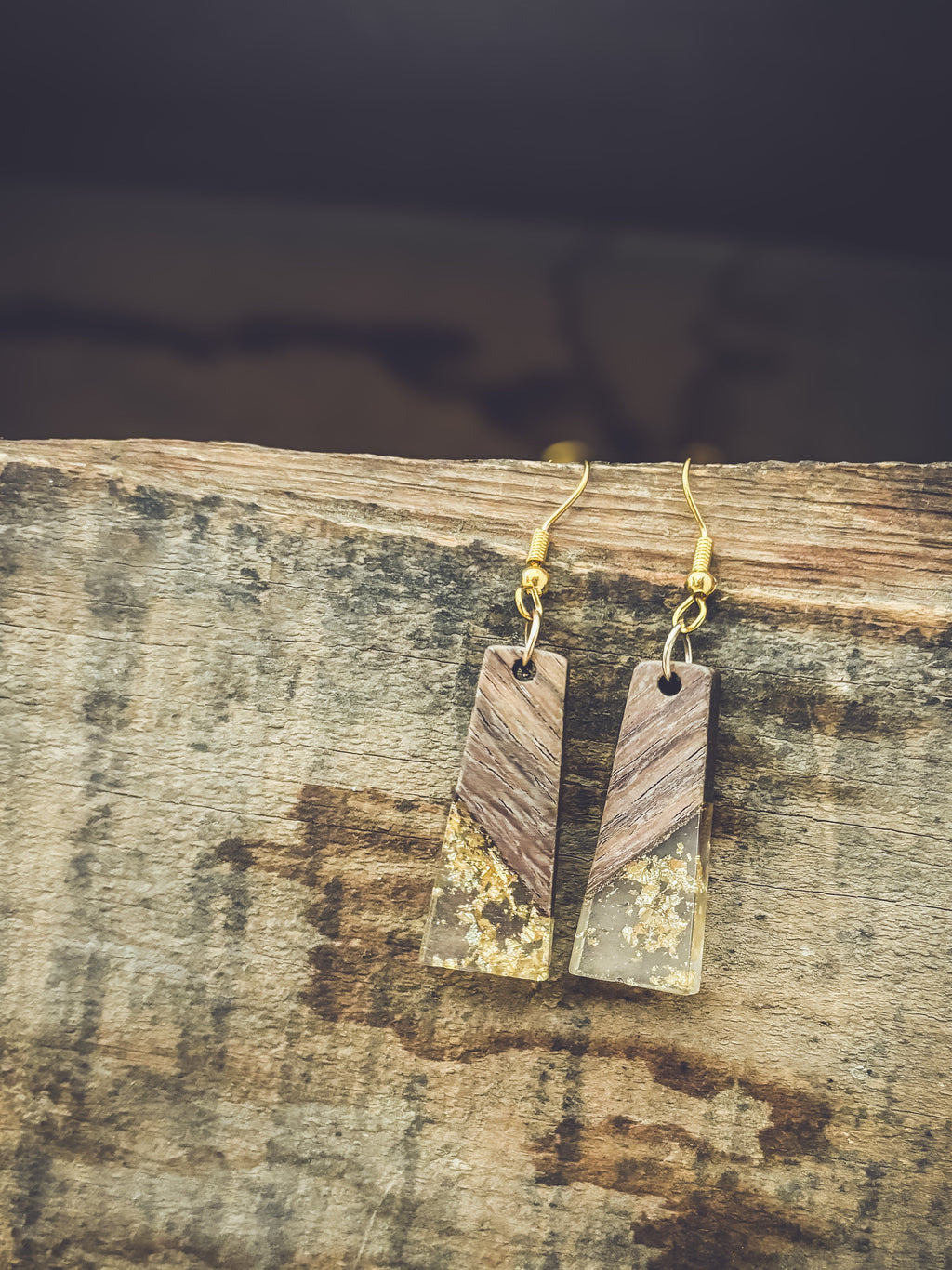 Beautiful Wood and Gold Fleck Resin Earrings