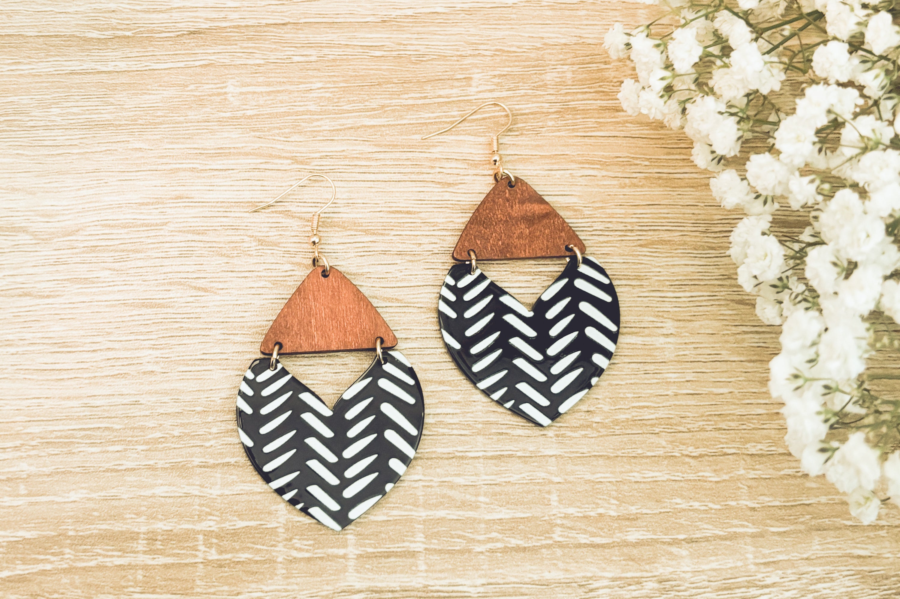 Beautiful Wood and Black and White Geometric Drop Earrings